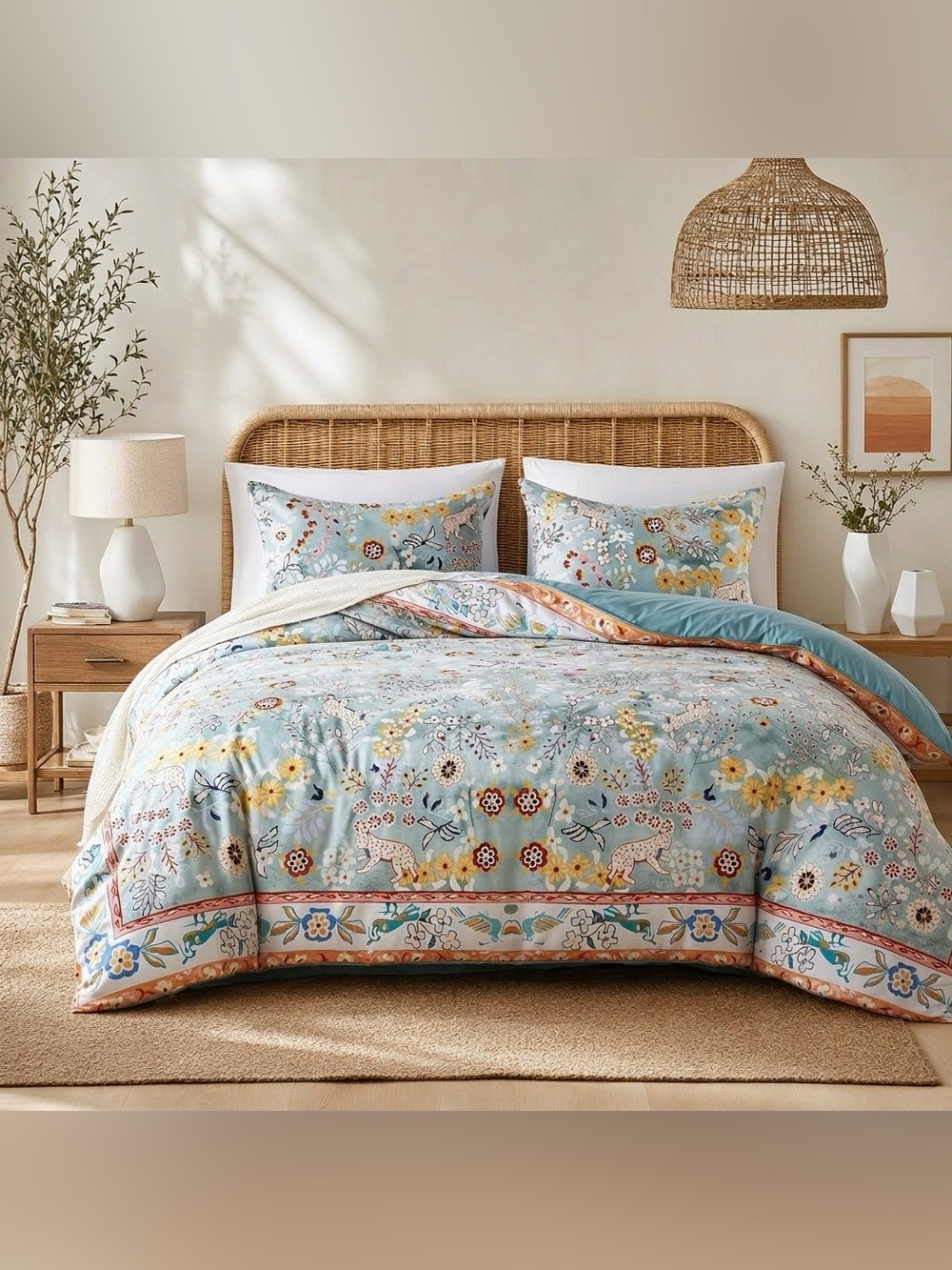 NEW Anthro Blue Jungle Multicolor Boho Queen / King Bedding Duvet & Sham Case - Picture 2 of 16